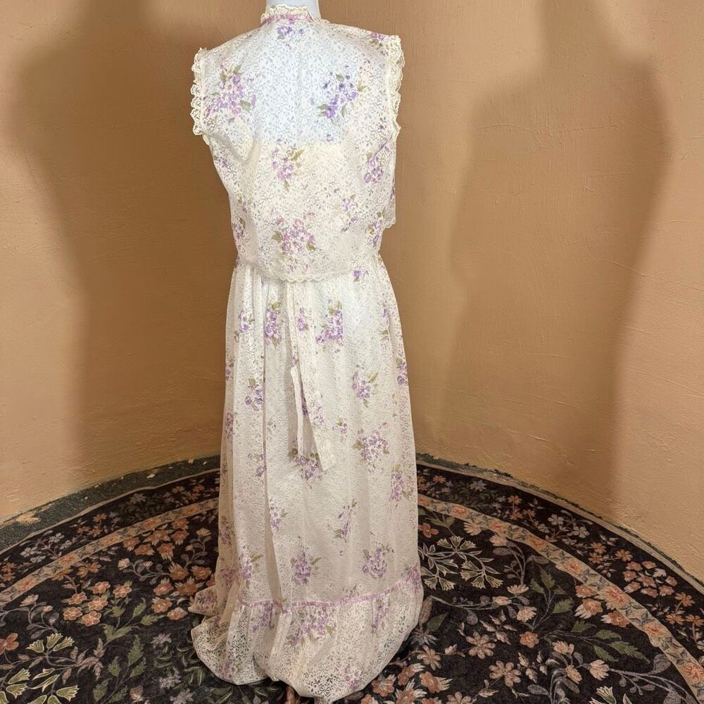 Vintage 70s Floral Prairie Maxi Dress Womens Small Cottagecore Lace Set USA - Picture 3 of 8